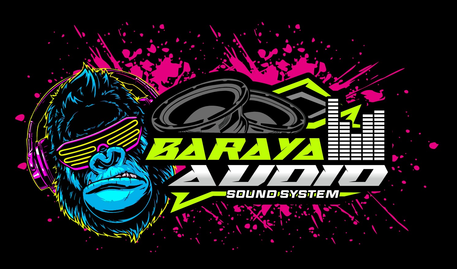 Maskot gorilla Baraya Audio dengan headphone